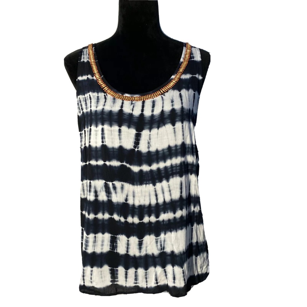 NWT KENAR Top SMALL White Navy Blue Tie Dye Tank Bead Embellish Boho